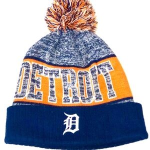 Detroit Tigers Pom Beanie Hat - Blue and Orange Adult Knit Cap unisex